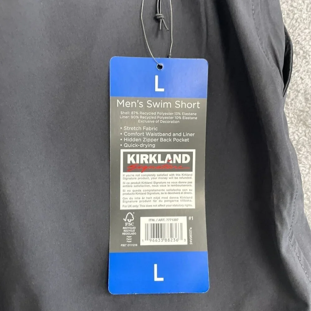 NEW Kirkland Signature Men's L Black Stretch Swim Shorts Quick-Dry Black